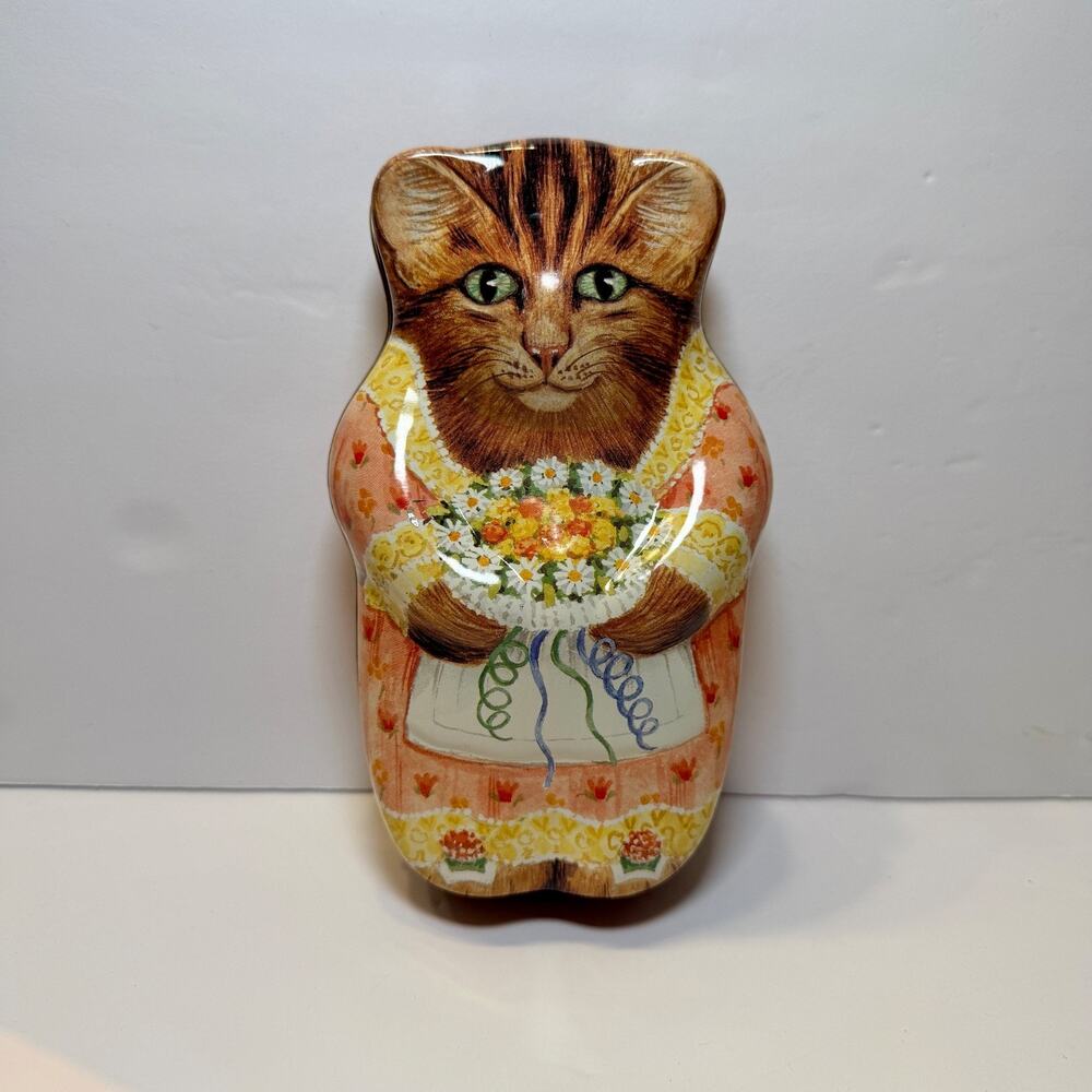 The Gift Boxes G Gale Pitt Cat Shaped Tin Floral Tabby Kitty Collectible Box
